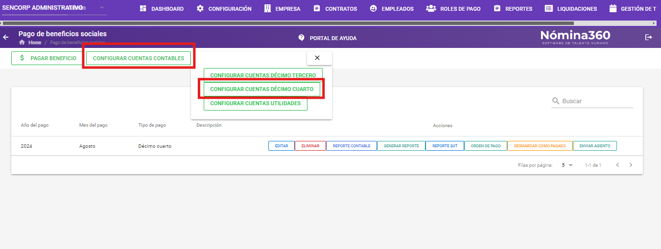 Botón Configurar Cuentas Contables del beneficio Décimo Cuarto
