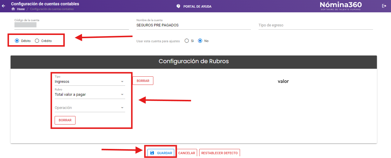 Configuración de rubros de la cuenta contable