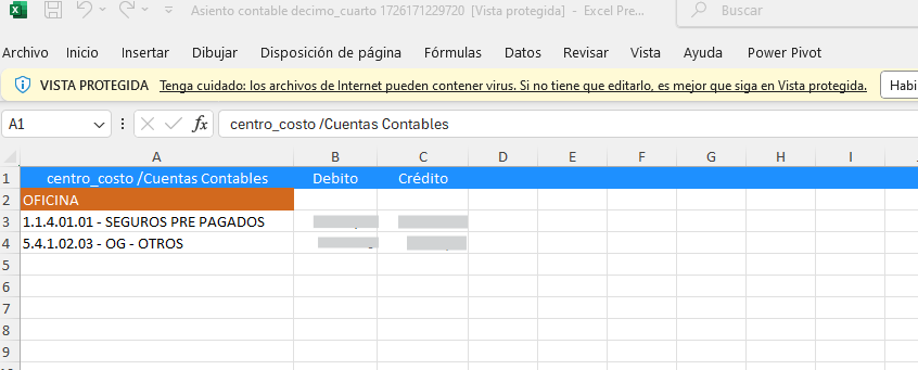 Vista previa del Reporte Contable con las cuentas asignadas