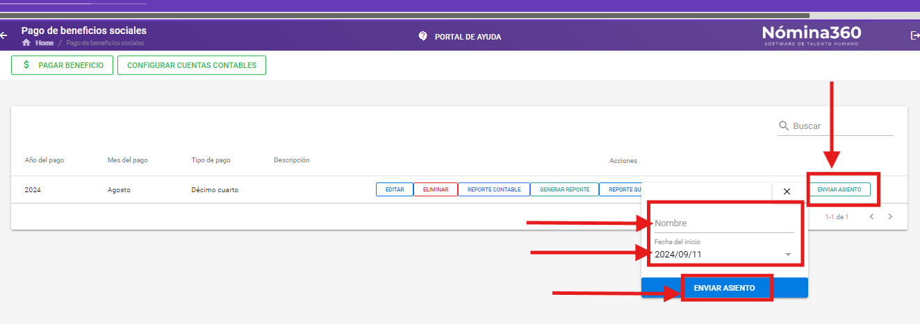 Formulario para enviar el asiento contable a Business Central