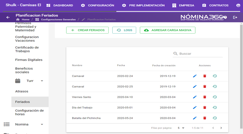 Pantalla de feriados con el listado de registros