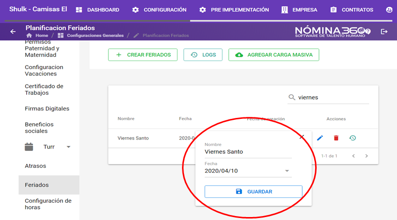 Formulario de edición del feriado