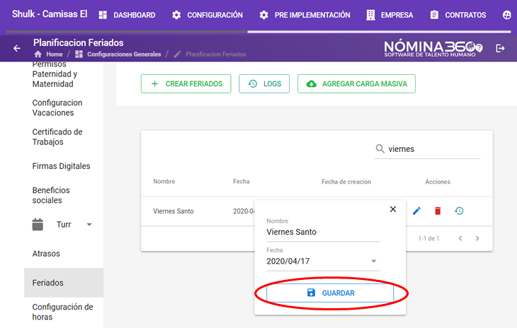 Botón Guardar tras editar el feriado