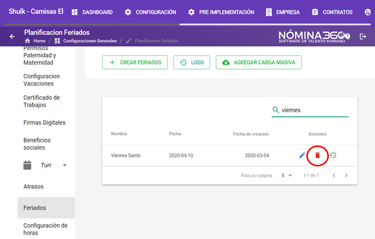 Acción Eliminar en un feriado del listado