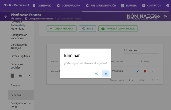 Cuadro de confirmación de eliminación de feriado