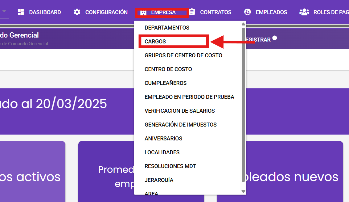 Menú Empresa con la opción Cargos seleccionada
