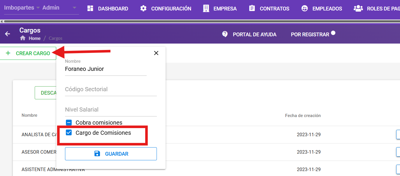 Formulario de creación de cargo con la opción Cargo de comisiones marcada