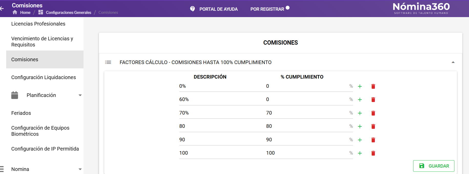 Tablas de configuración de comisiones disponibles