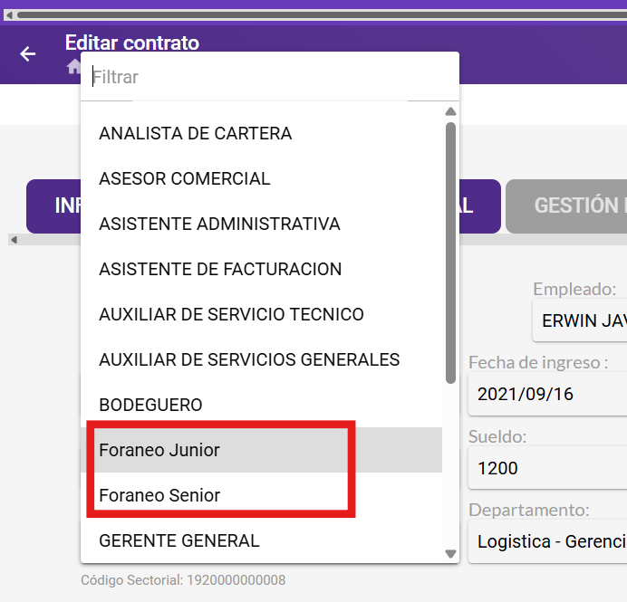 Edición de contrato con el cargo de comisiones asignado