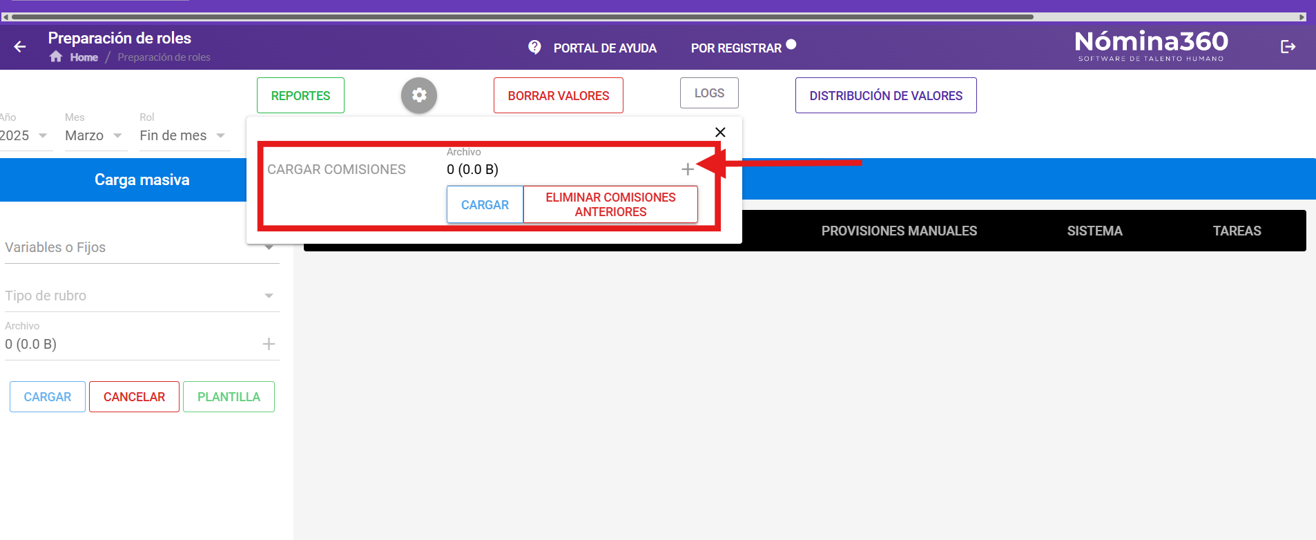 Carga masiva de comisiones desde Preparación de Roles