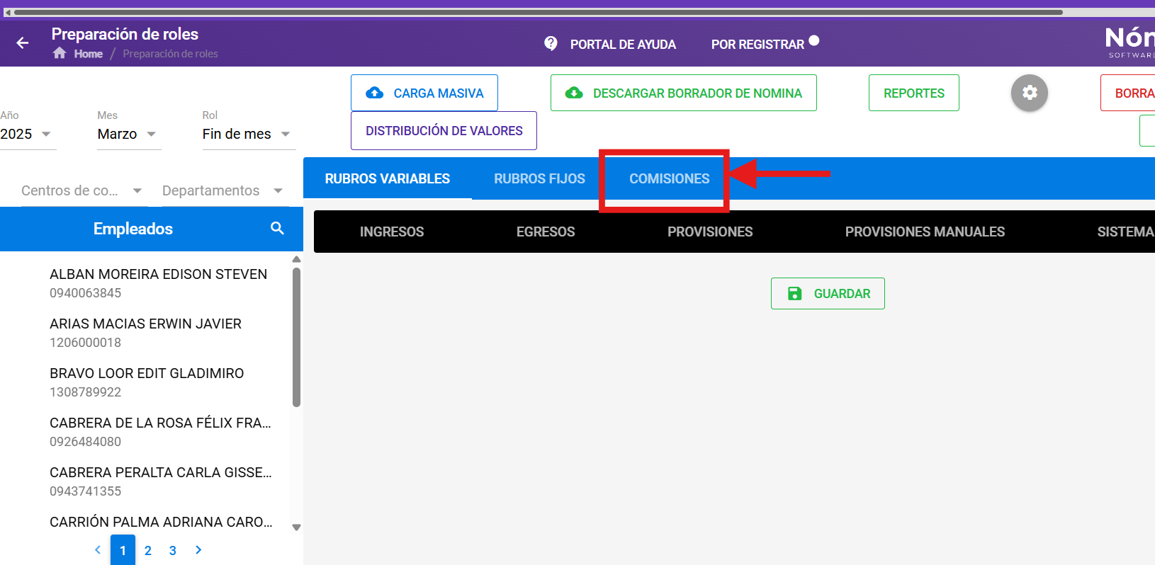 Listado de comisiones del colaborador con los valores cargados