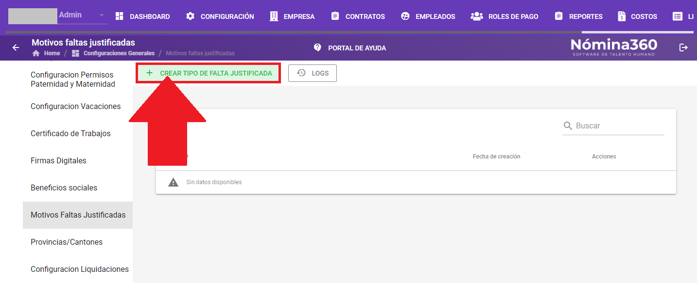 Botón + Crear tipo de falta justificada