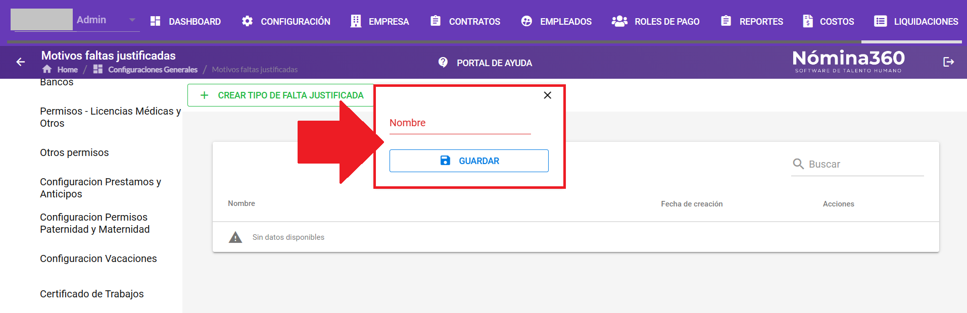 Formulario para registrar un tipo de falta justificada