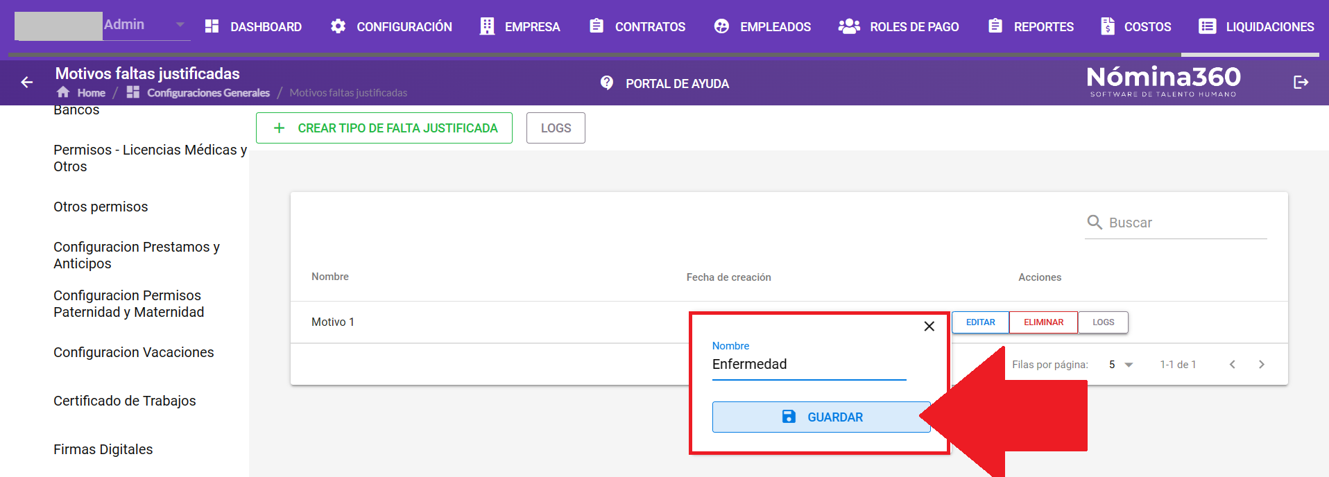 Formulario de edición del tipo de falta justificada