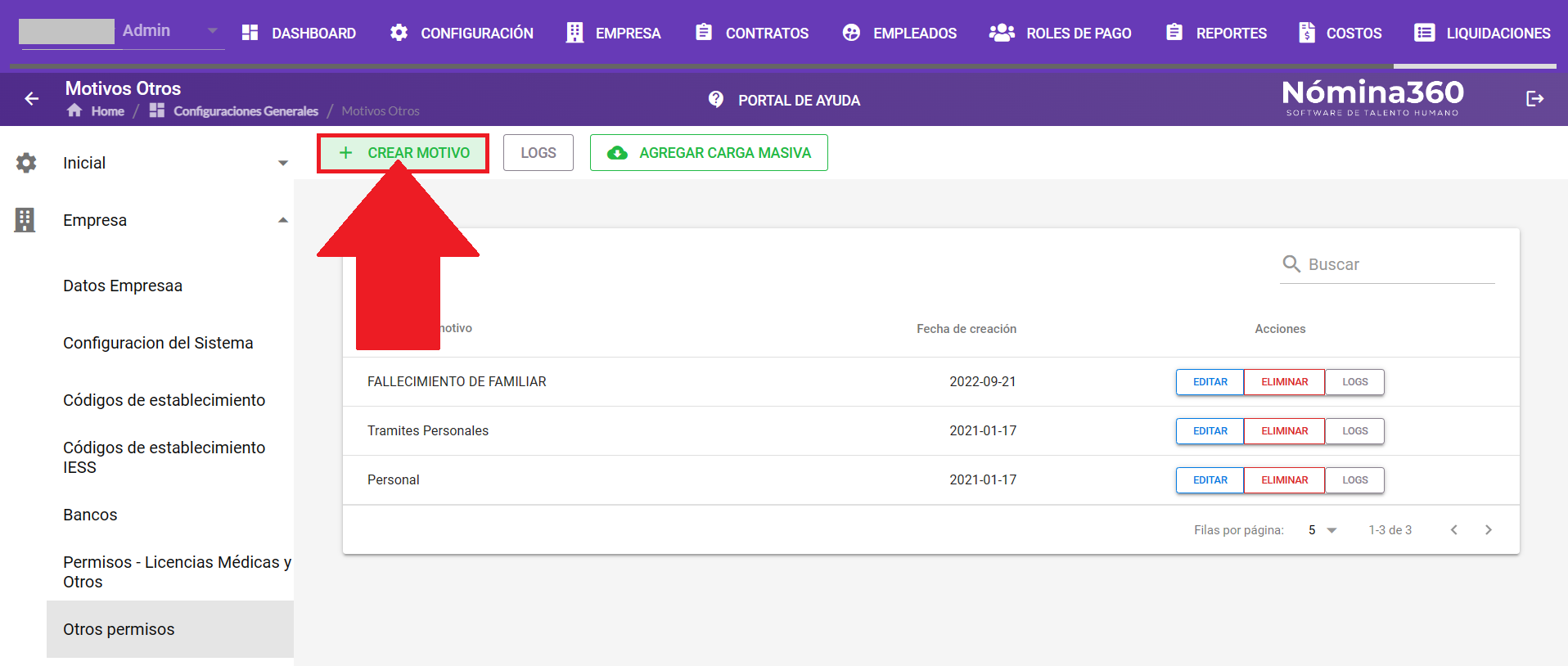 Botón Crear Motivo en la pantalla de Otros Permisos