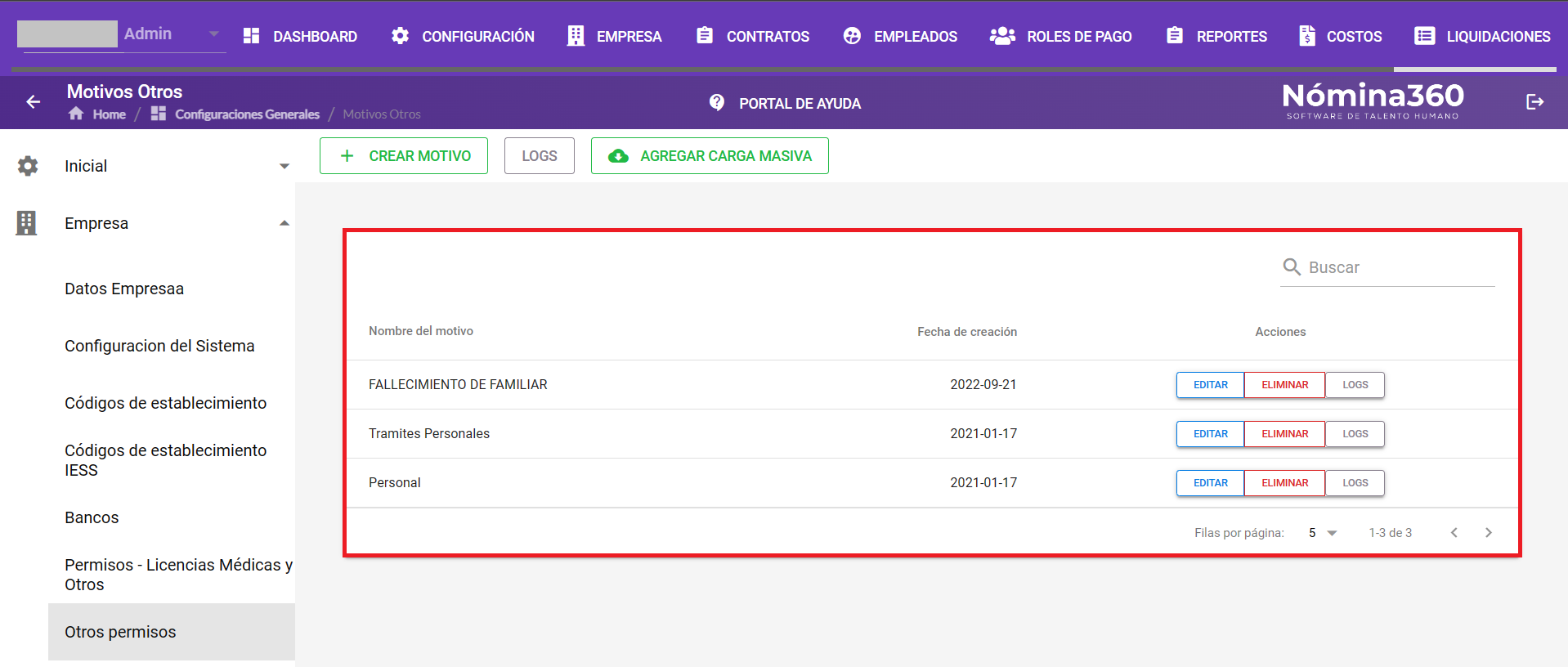 Listado con un permiso seleccionado
