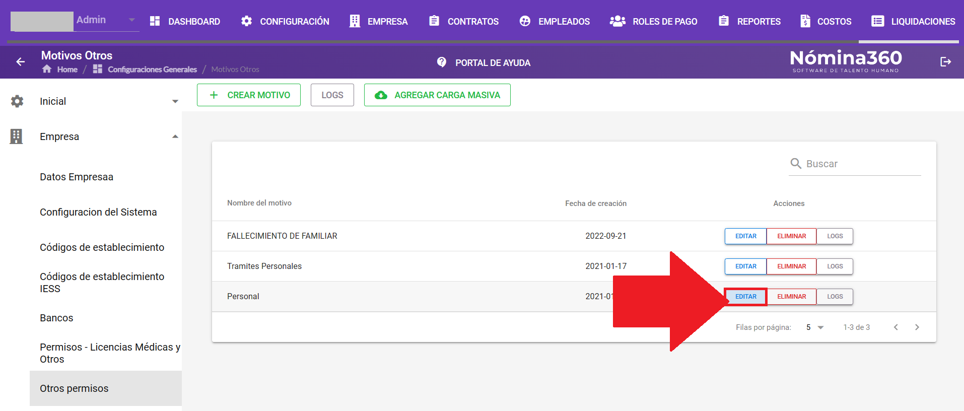 Acción Editar en un permiso del listado