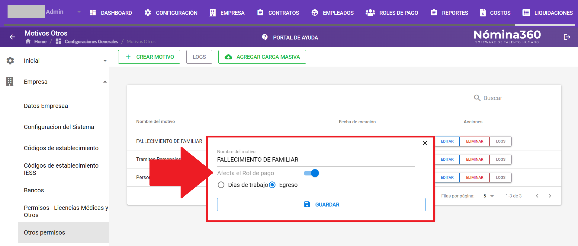 Formulario de edición del permiso