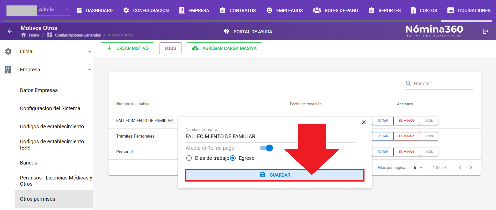 Botón Guardar tras editar el permiso