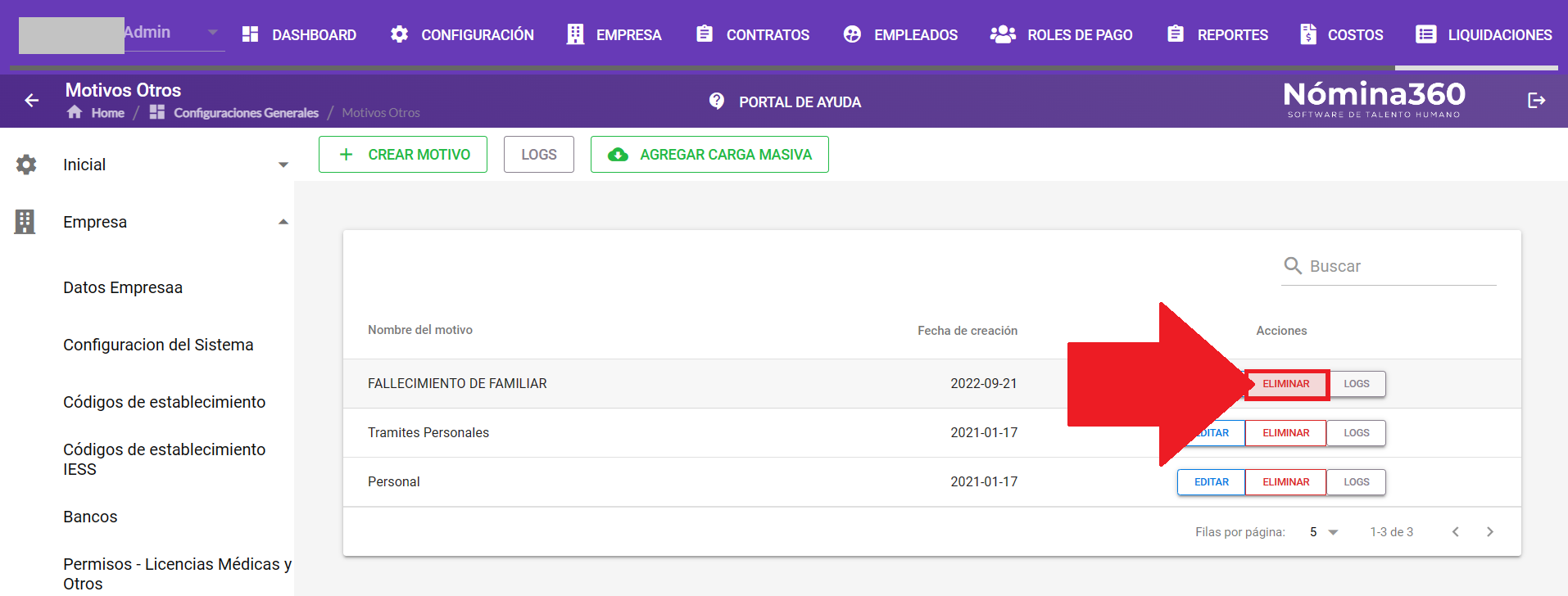 Acción Eliminar en un permiso del listado