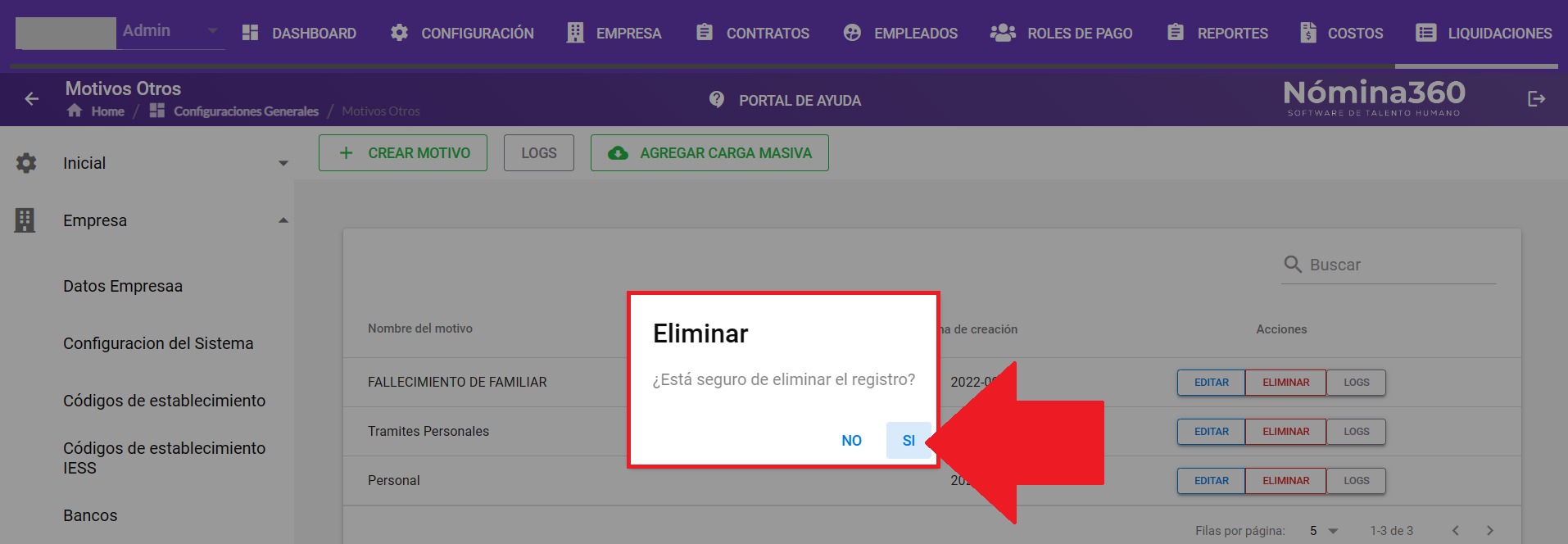 Cuadro de confirmación de eliminación de permiso