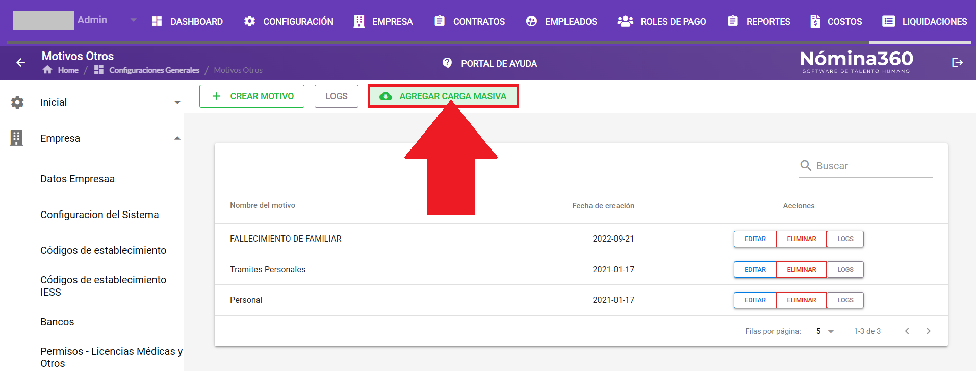 Botón Agregar Carga Masiva en la pantalla de Otros Permisos