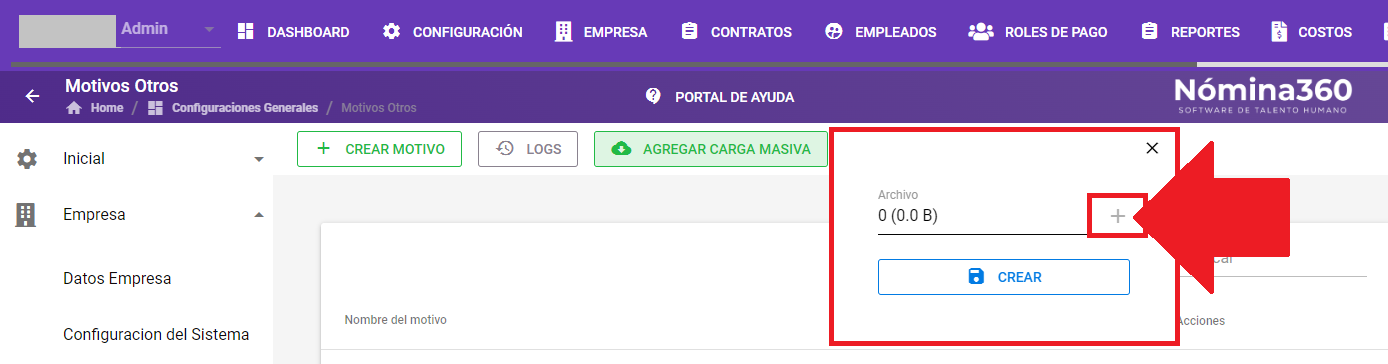 Ventana de carga masiva con el botón + para seleccionar archivo