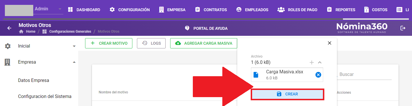 Botón Crear tras cargar el archivo de carga masiva