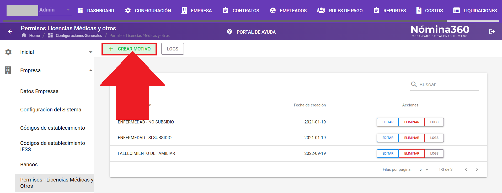 Botón + Crear Motivo en la pantalla de permisos y licencias
