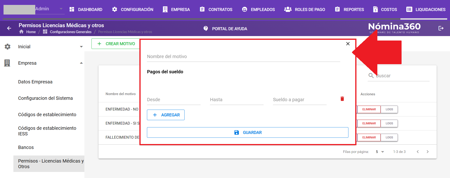 Formulario de creación de motivo de permiso