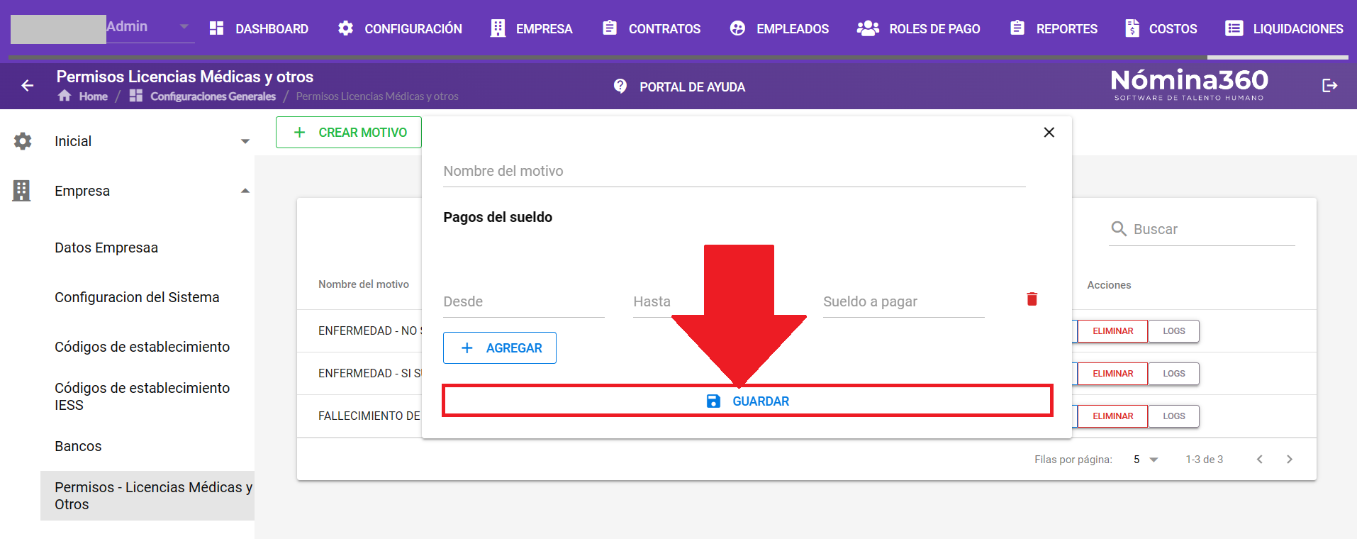 Botón Guardar al final del formulario de motivo de permiso