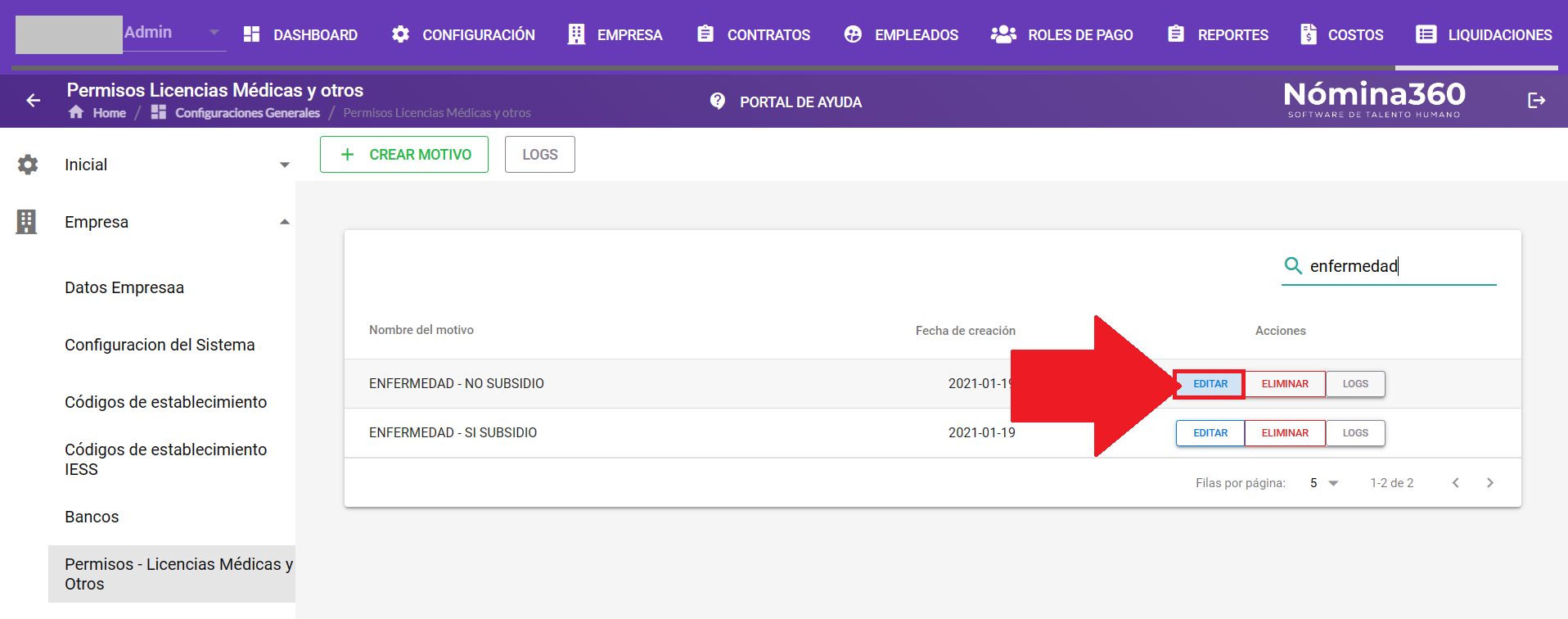 Acción Editar en un motivo de permiso del listado
