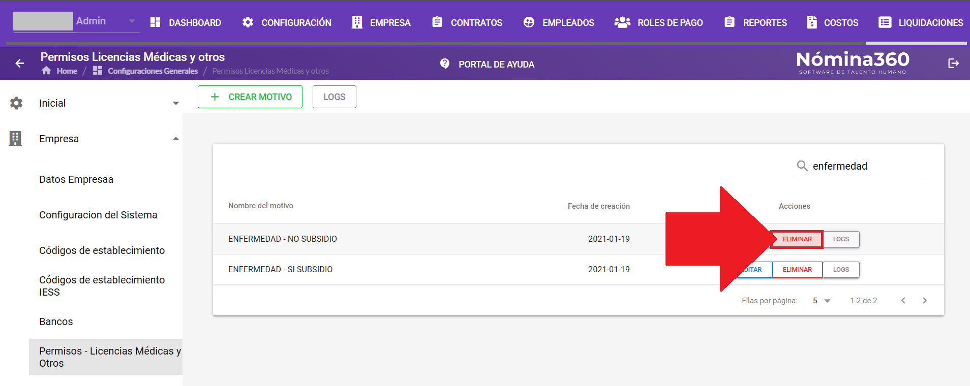 Acción Eliminar en un motivo de permiso del listado