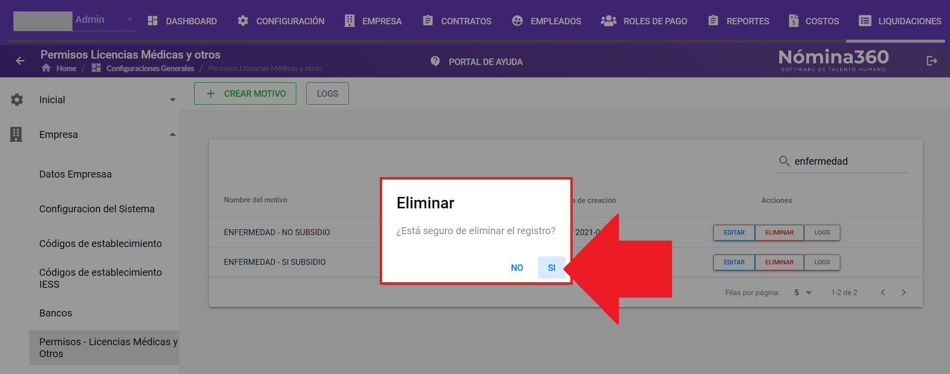 Cuadro de confirmación de eliminación de motivo de permiso