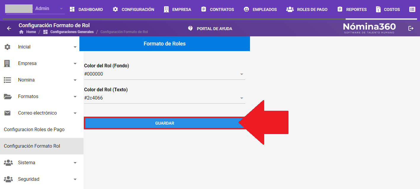 Botón Guardar al final de la configuración del formato del rol
