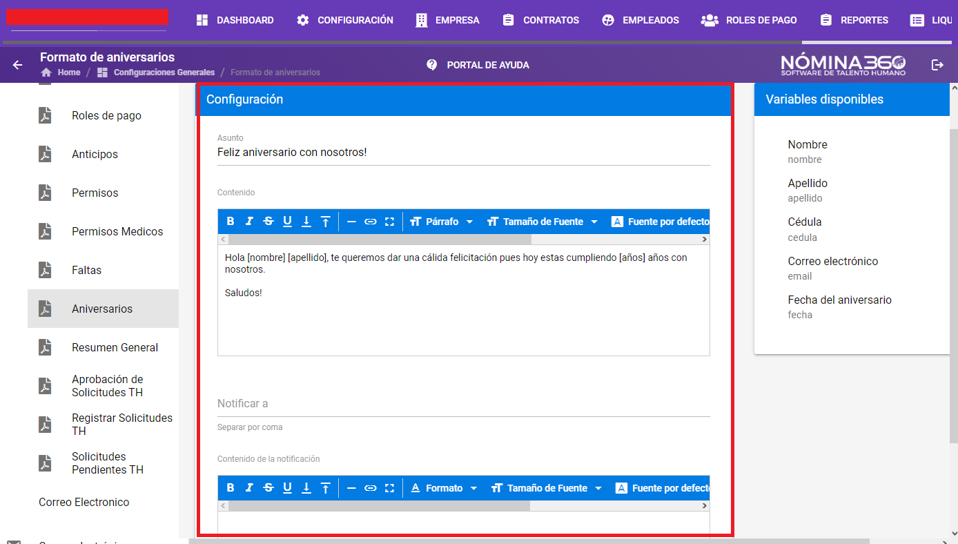 Formulario de configuración del formato Aniversarios