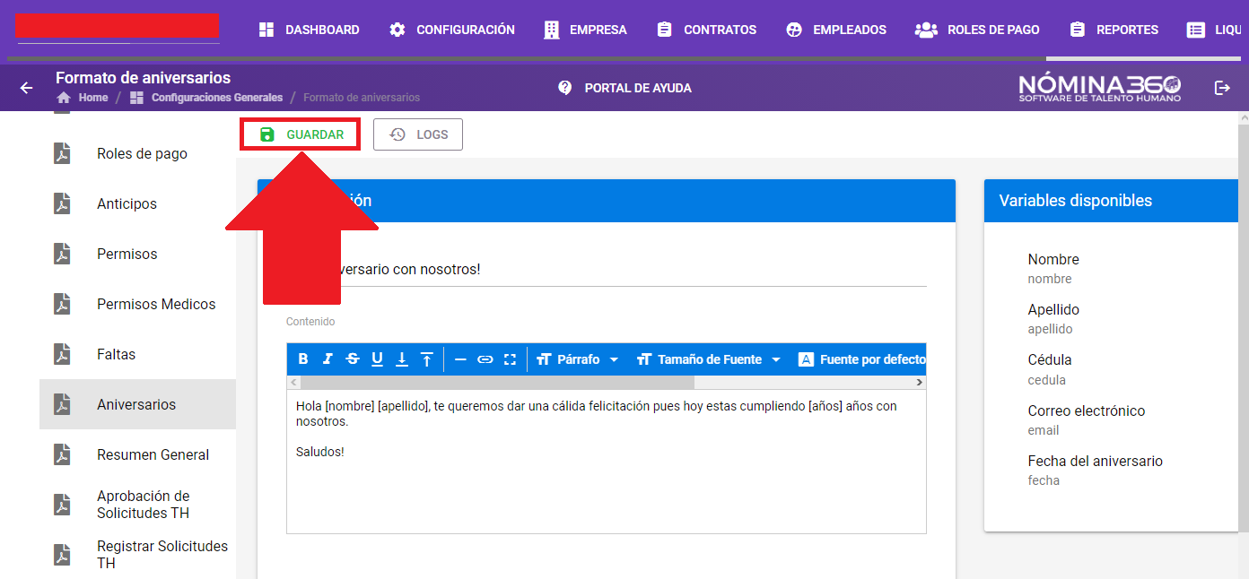 Botón Guardar del formato de Aniversarios