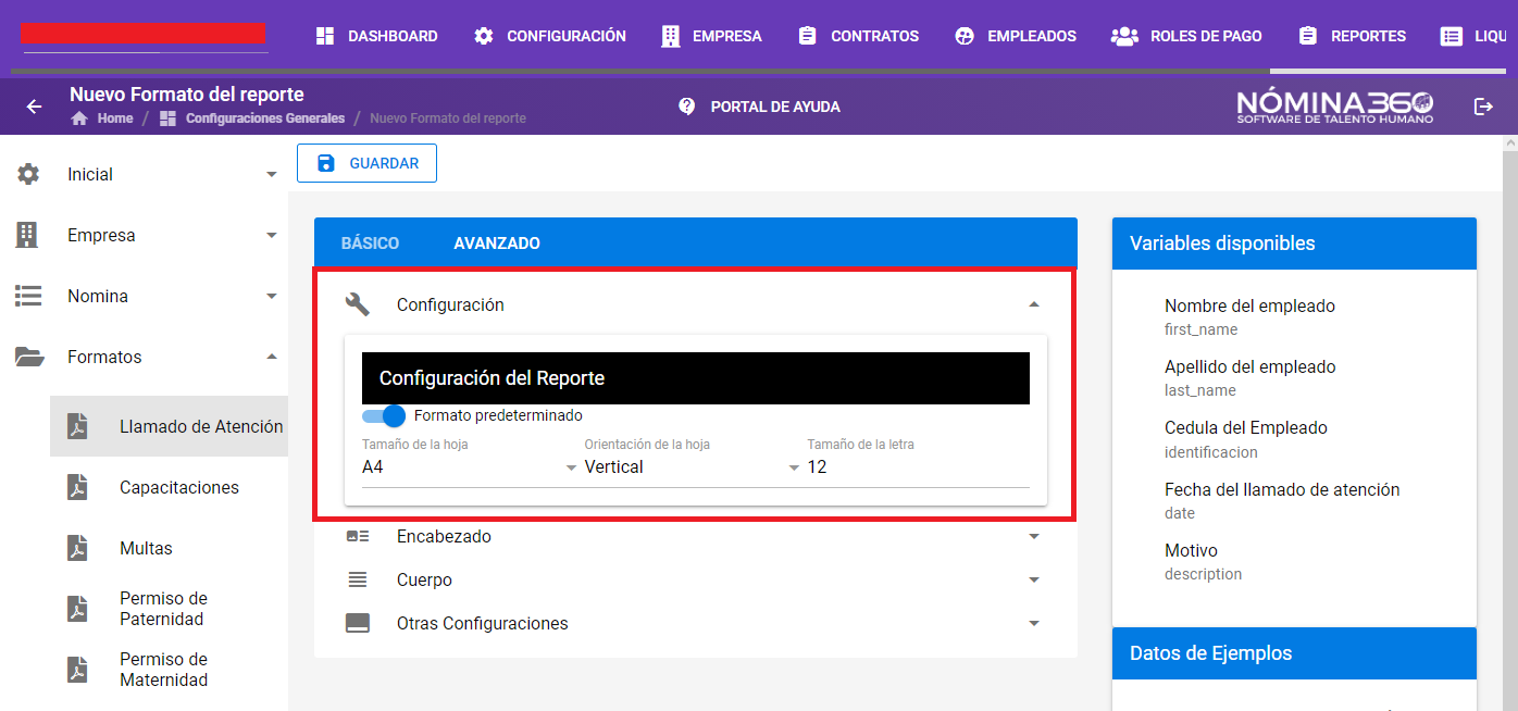 Sección Configuración del formato de anticipos