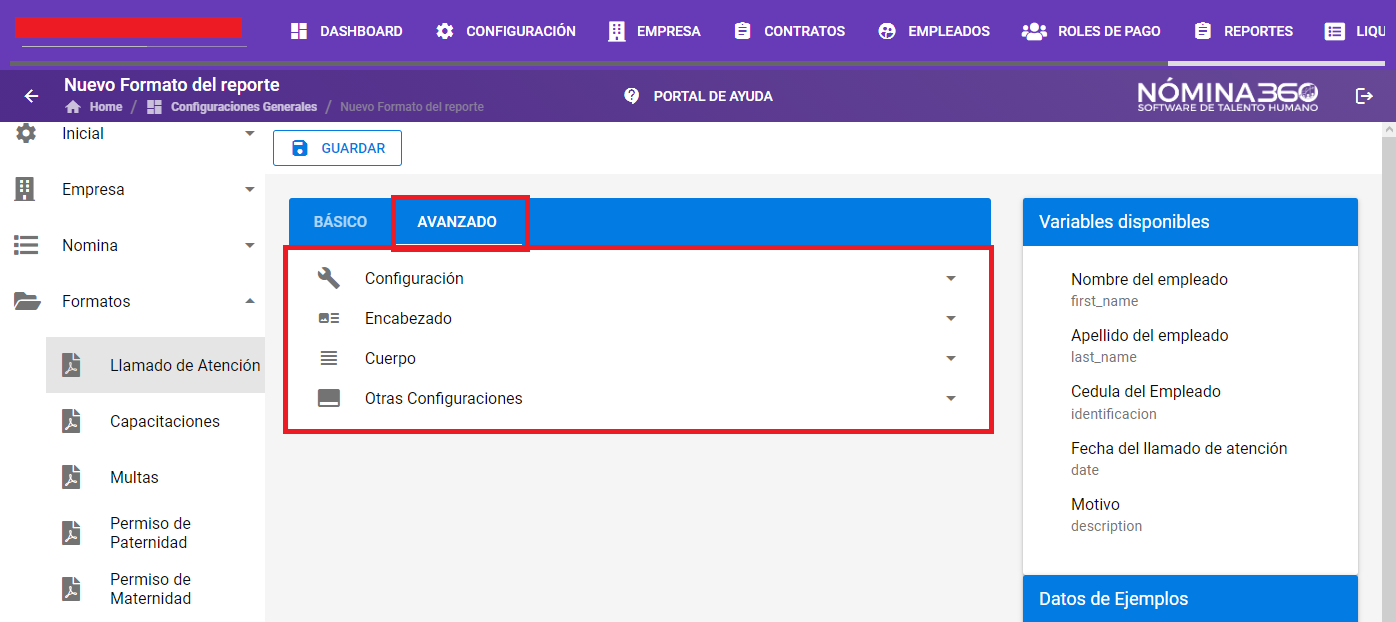 Pestaña Avanzado con las opciones del formato