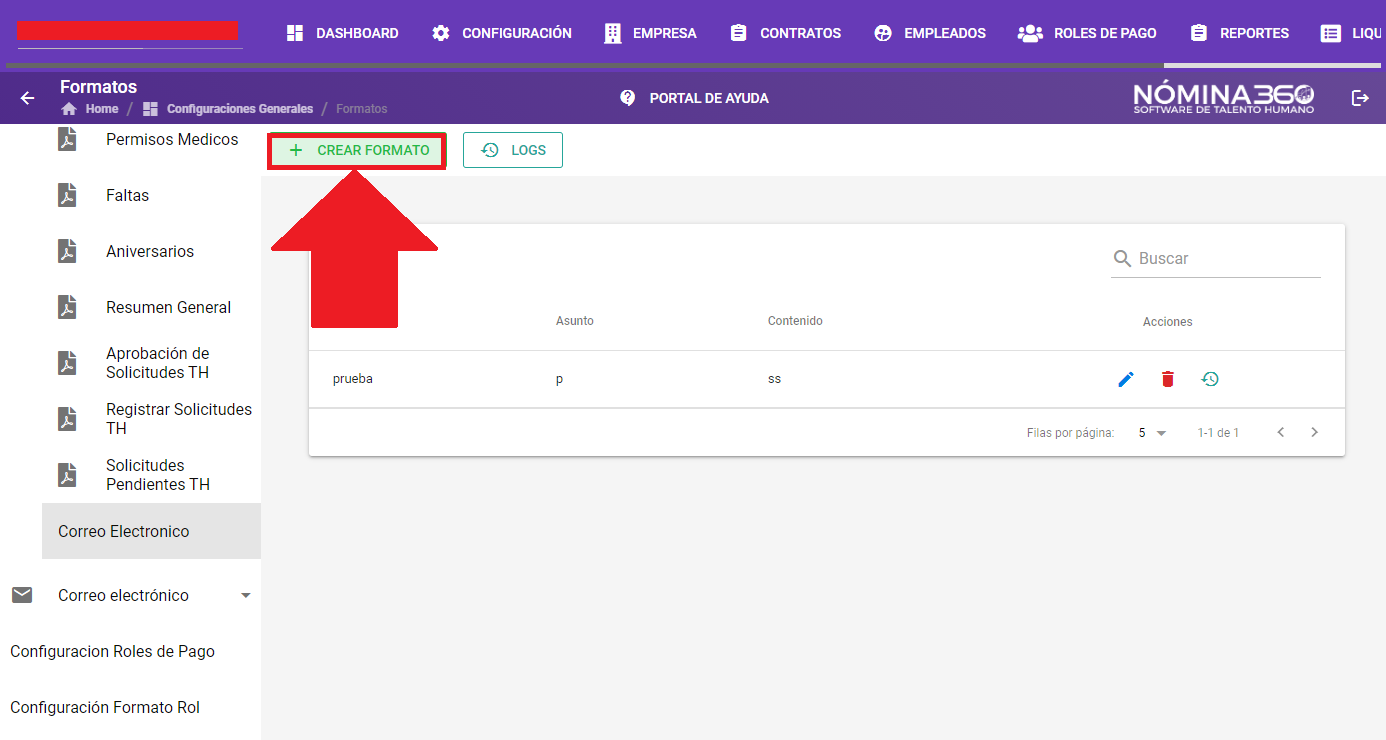 Botón + Crear Formato en la pantalla de Correo Electrónico