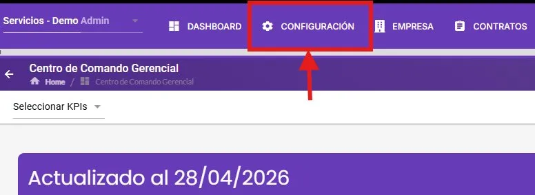 Menú superior con el botón Configuración