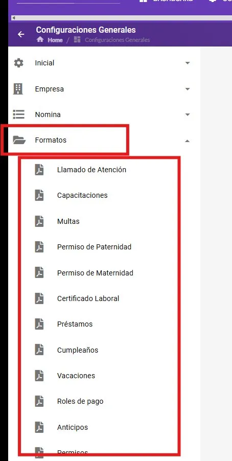 Menú lateral con la opción Formatos y el listado de tipos