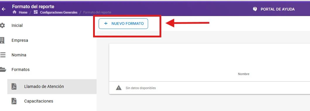 Botón + Nuevo Formato en la pantalla del tipo de formato