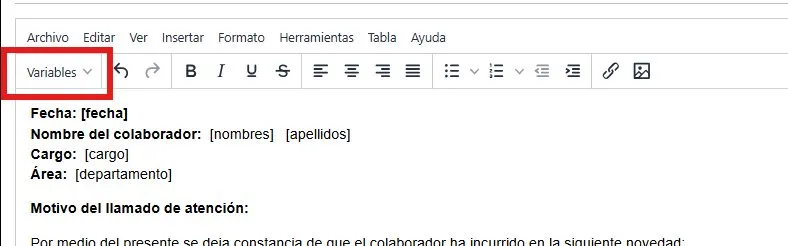 Editor de contenido del formato con la barra de herramientas