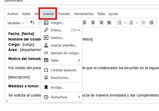 Opciones de formato del editor de contenido