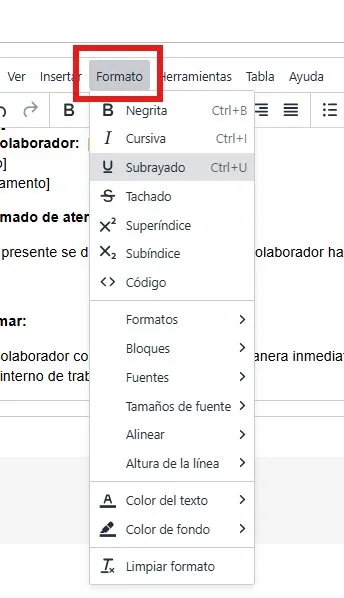 Opciones adicionales de tabla y formato del editor