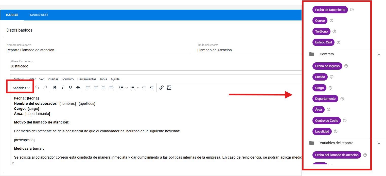 Panel lateral de Variables del editor de formatos