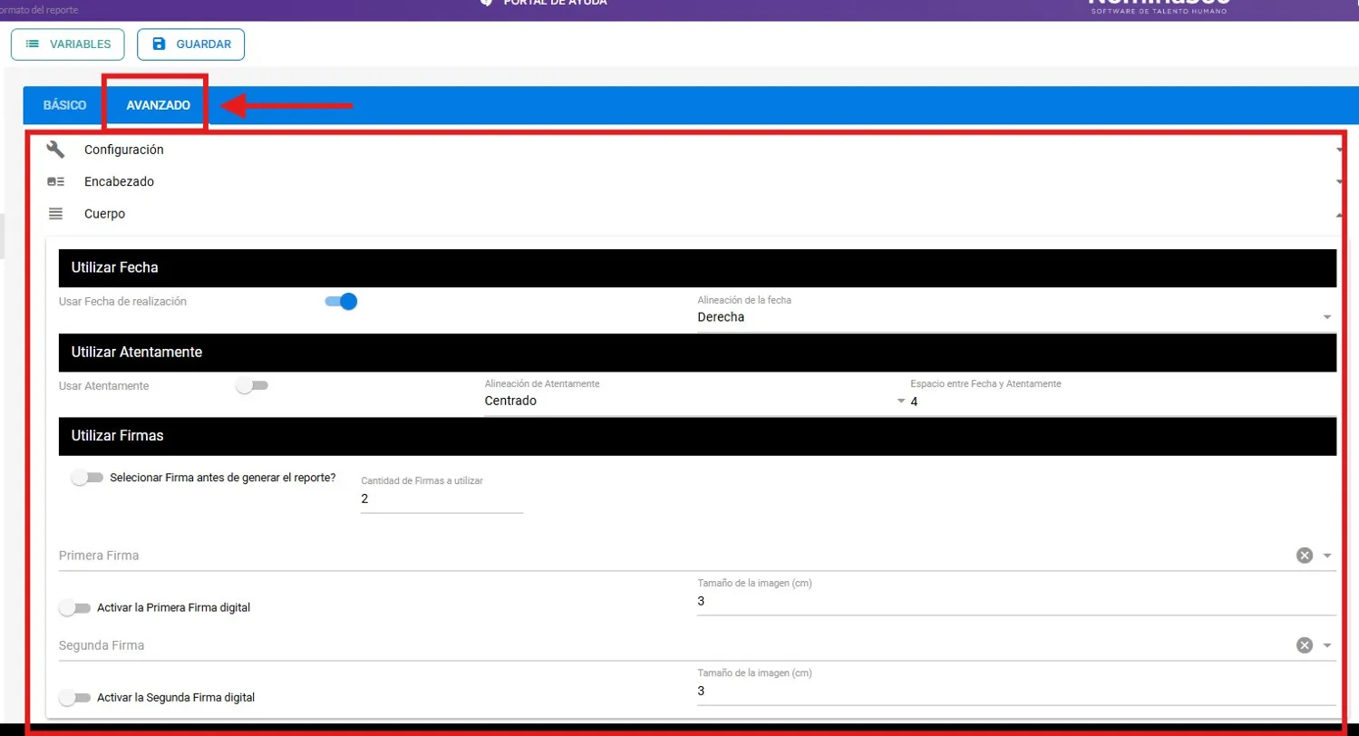 Pestaña Avanzado del editor de formatos