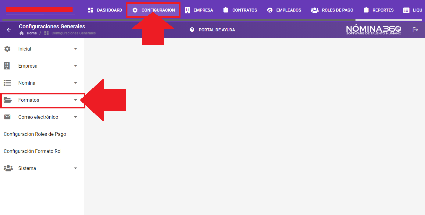 Menú Configuración con la opción Formatos seleccionada