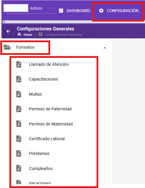 Menú Configuración con la opción Formatos seleccionada